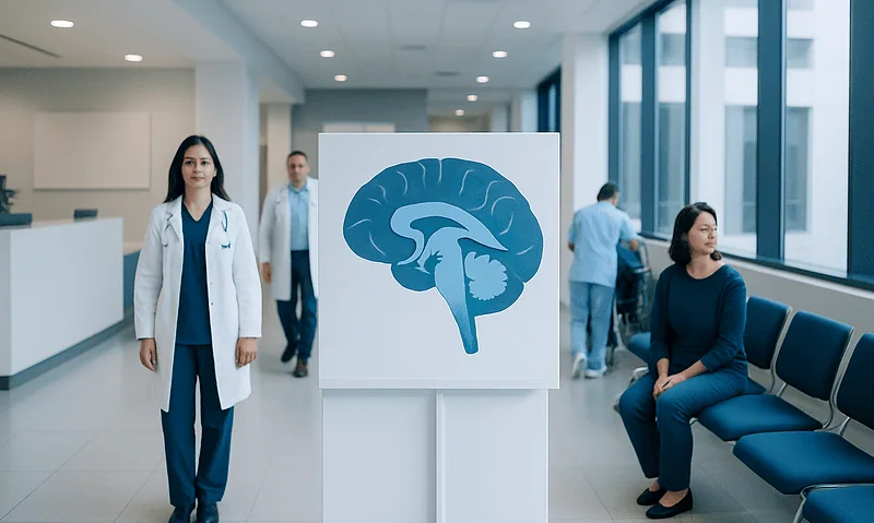 Medical professionals in a hospital corridor with brain diagram poster.