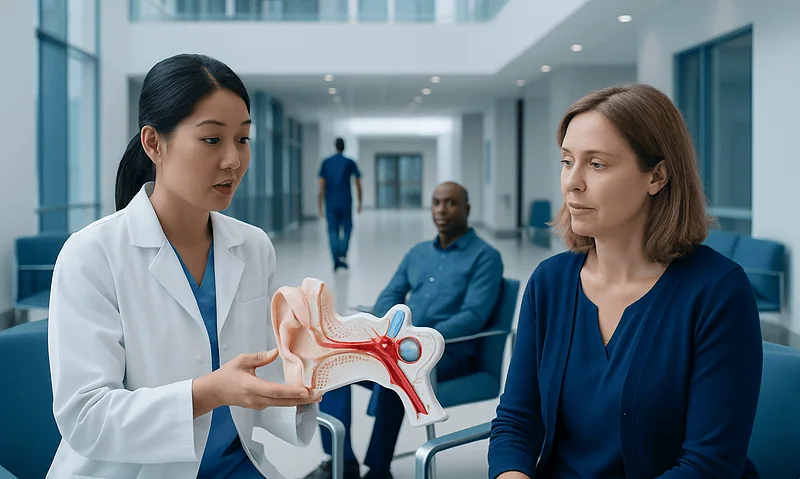 Doctor explaining ear anatomy to patient in hospital corridor.