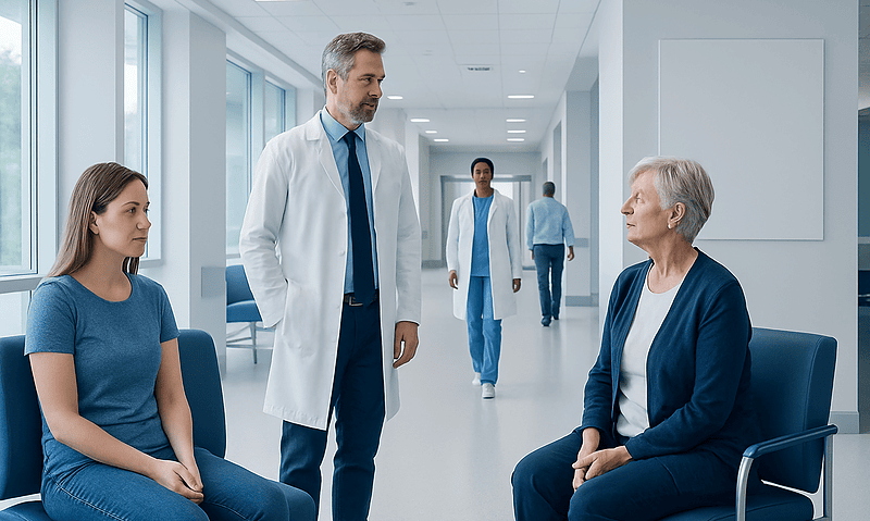 Doctor consulting with elderly patient in hospital corridor.