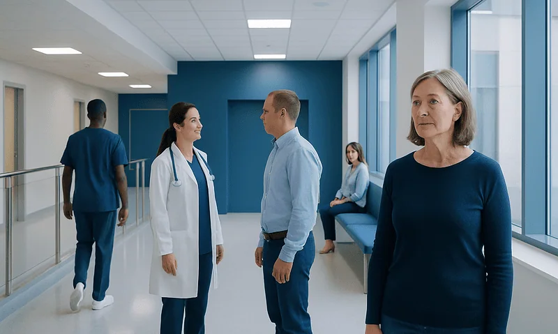 Healthcare professionals and patients in a modern hospital corridor.