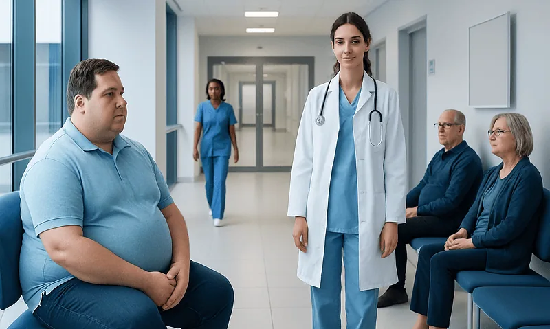 Doctor with patients in a hospital corridor at Acibadem Hospitals Group.