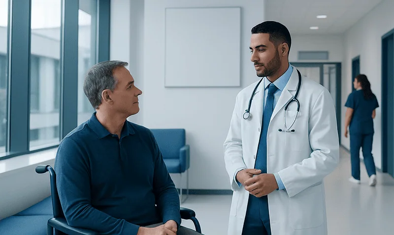 Doctor consulting with a patient in a hospital corridor.