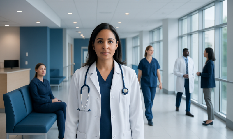 Medical team in hospital corridor with a female doctor in foreground.
