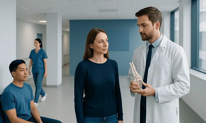 Doctor explaining wrist bones to a patient in a hospital corridor.