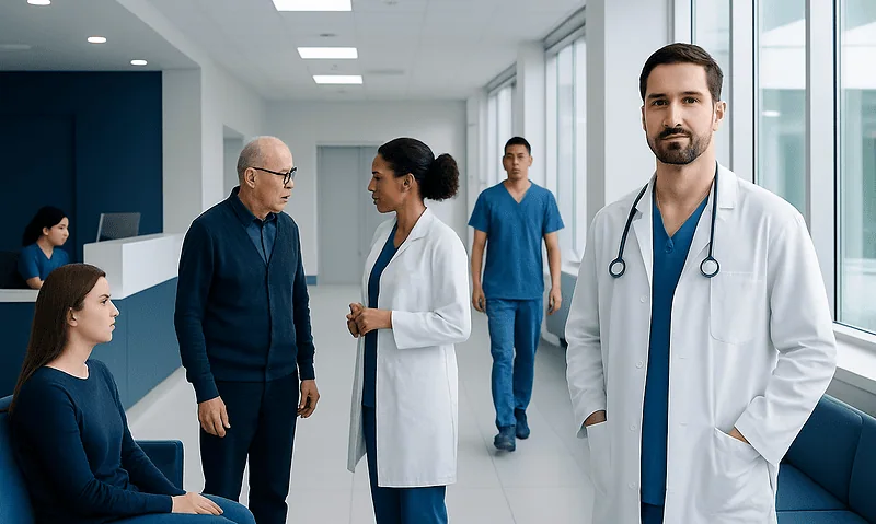 Medical team consulting in a hospital corridor with patients and staff.