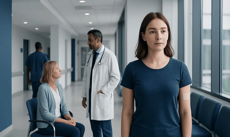 Young woman with a bandage on her arm in a hospital corridor.