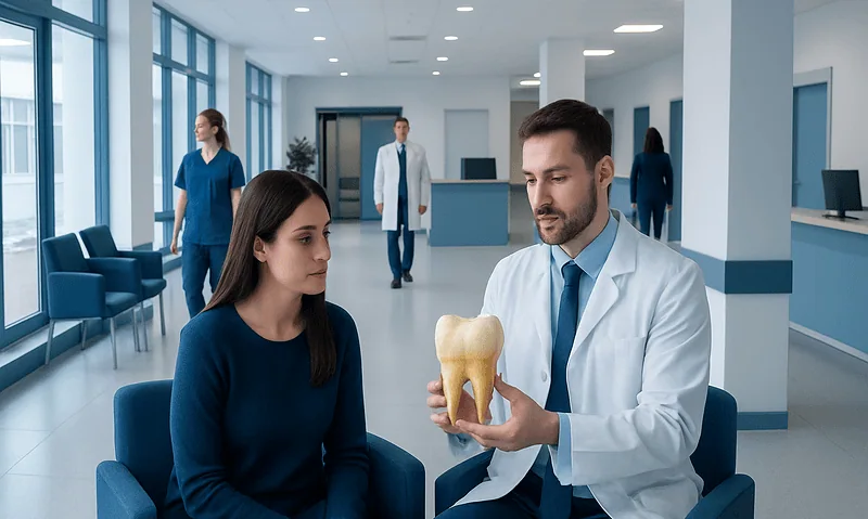 Dentist explaining dental anatomy to a patient in a modern clinic.