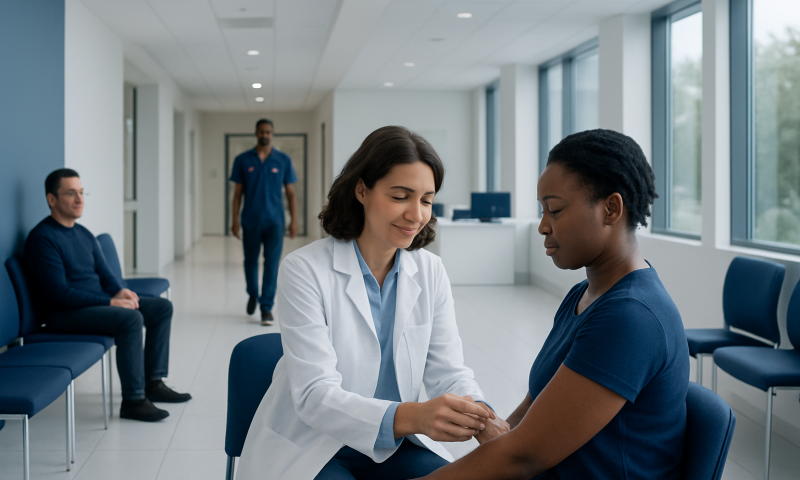 Doctor administering a vaccine to a patient in a modern hospital corridor.