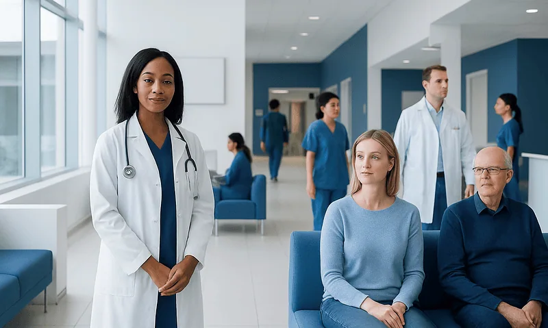 Diverse medical team and patients in a modern hospital waiting area.