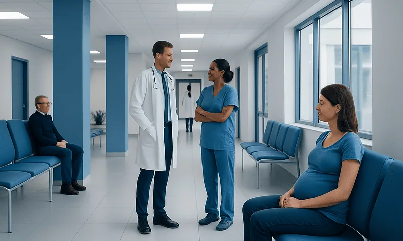 Medical team consulting with pregnant patient in hospital corridor.