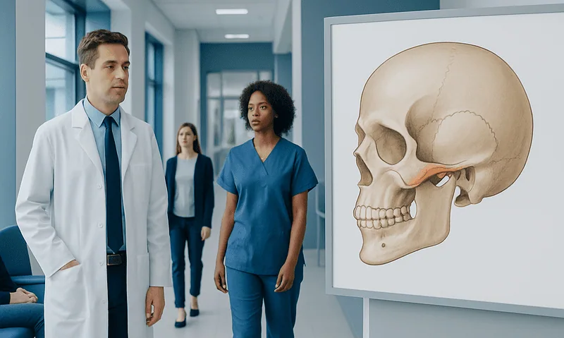 Medical professionals discussing skull anatomy in a hospital setting.