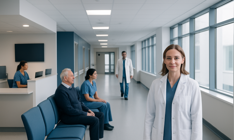 Medical professionals and patients in a modern hospital corridor.