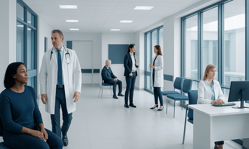 Medical consultation in a modern hospital waiting area with doctors and patients.