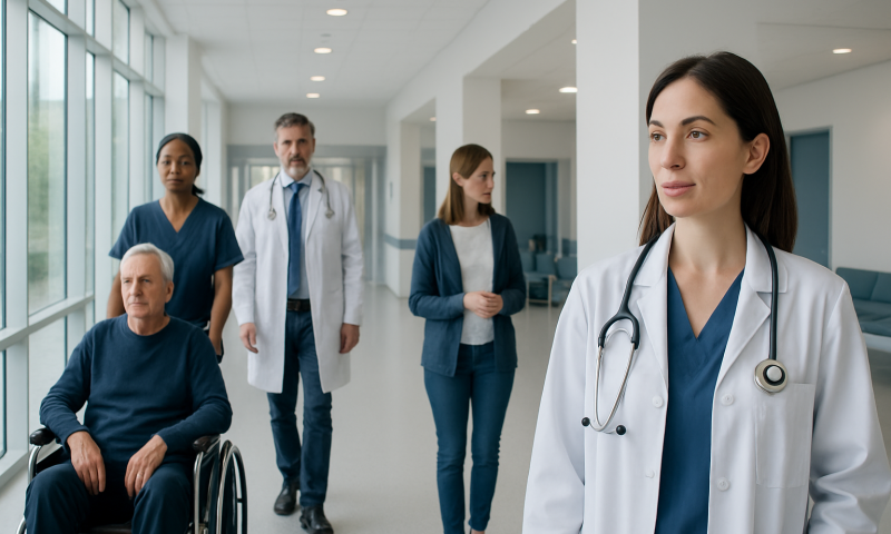 Medical team with patient in hospital corridor at Acibadem Hospitals Group.