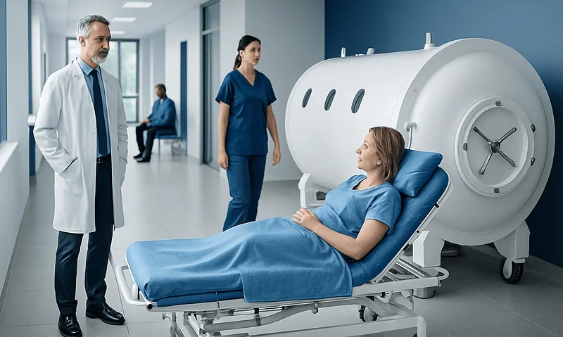 Patient undergoing hyperbaric oxygen therapy in a modern hospital setting.