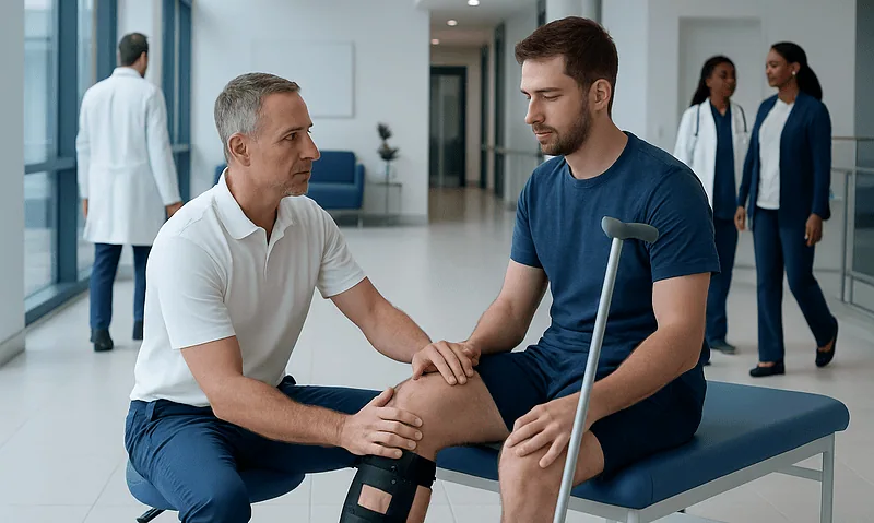 Doctor examining young man's knee in hospital setting.