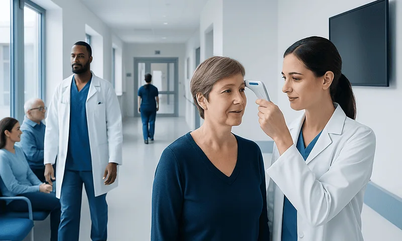 Healthcare professional checks patient's temperature in hospital corridor.