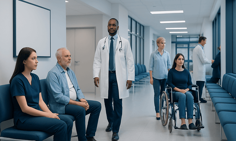 Health Library 13 Medical team consulting patients in a hospital corridor.