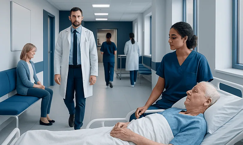 Hospital corridor with medical staff and patient in bed.