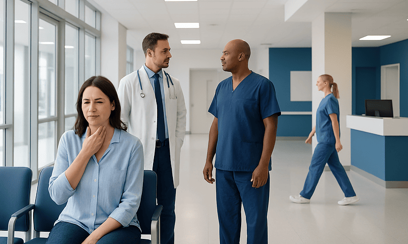 Patient experiencing throat discomfort in a hospital waiting area.