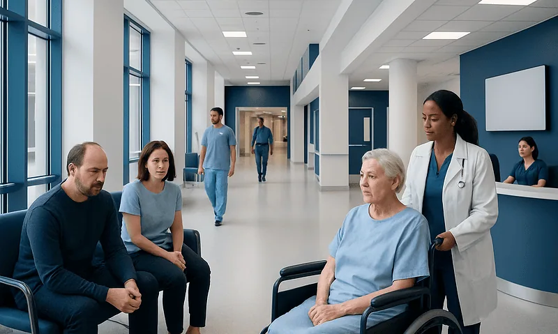 Hospital corridor with patients and medical staff in a modern healthcare facility.