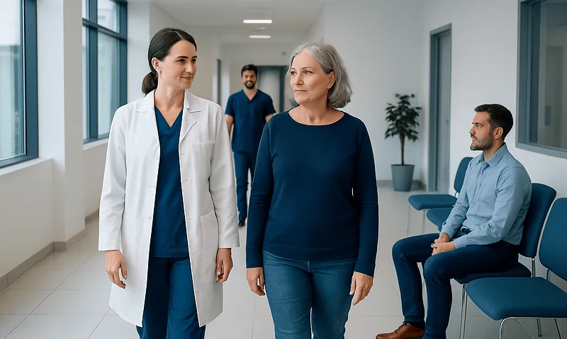 Healthcare professionals and patient in hospital corridor at Acibadem Hospitals Group.