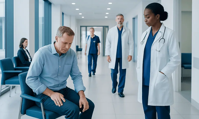 Patient with thigh pain consulting with medical staff in hospital corridor.