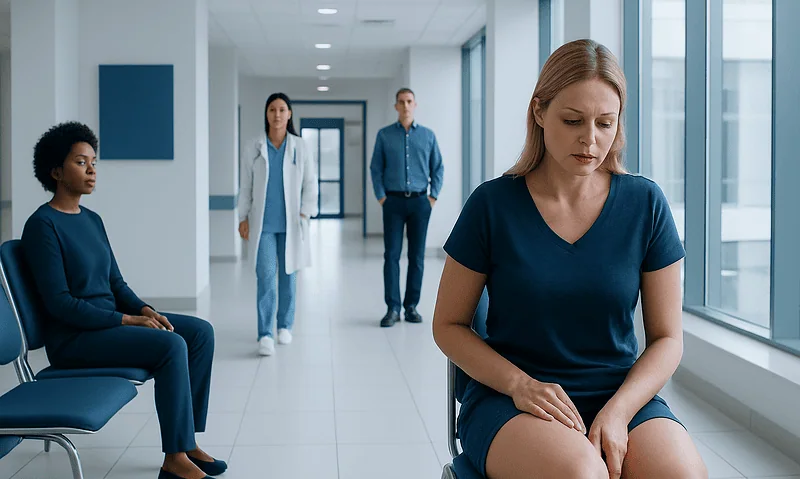 Patient waiting in hospital corridor with medical staff in background.