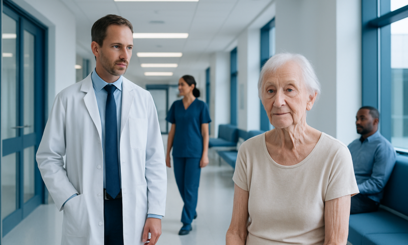 Doctor consulting elderly woman in hospital corridor at Acibadem Hospitals.