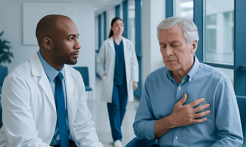 Doctor consulting with an elderly patient in a hospital corridor.