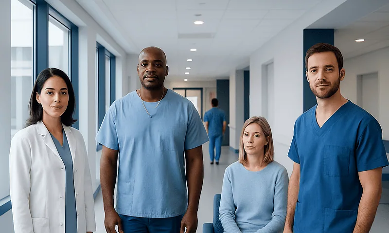 Diverse medical team in hospital corridor with patients and staff.