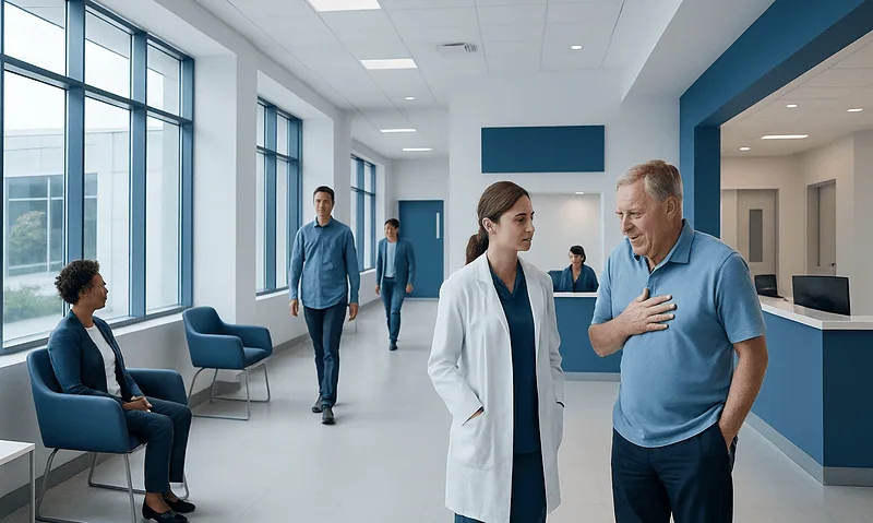 Medical professionals and patients in a modern hospital lobby.