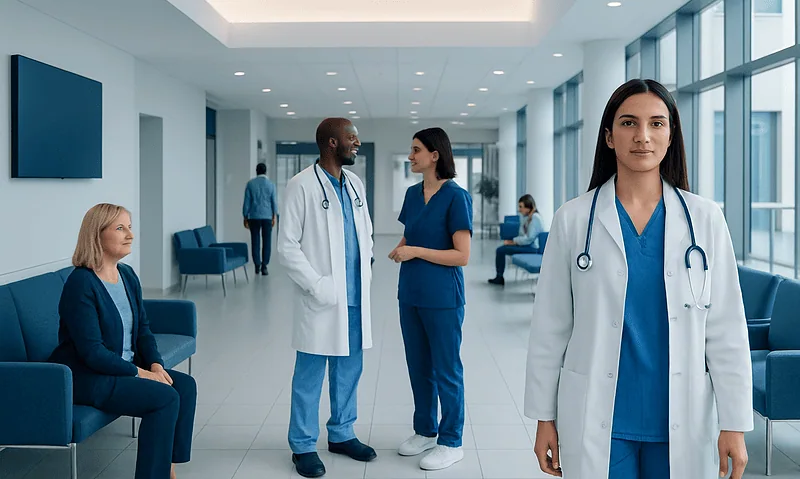 Medical team in hospital corridor with patients and staff.