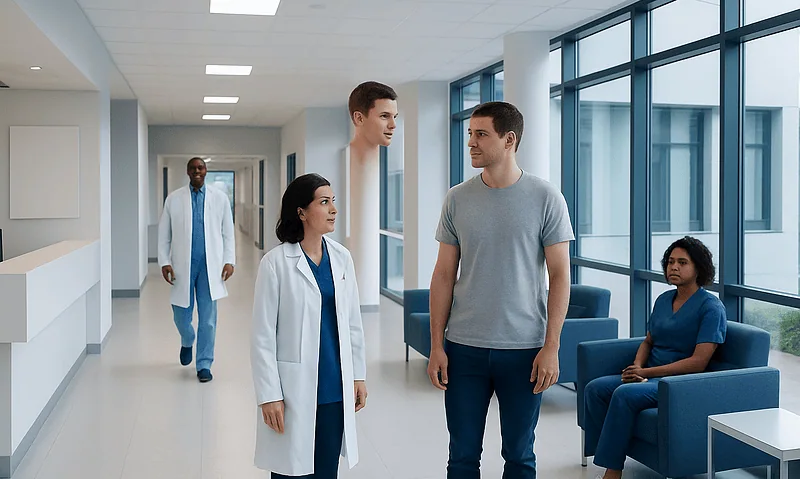 Medical professionals and patient in hospital corridor at Acibadem Hospitals Group.