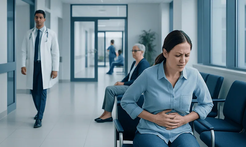 Woman with stomach pain in hospital waiting area with doctors and patients.
