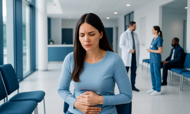 Young woman experiencing stomach pain in a hospital waiting area.