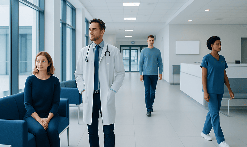 Medical professionals and patients in a modern hospital corridor.
