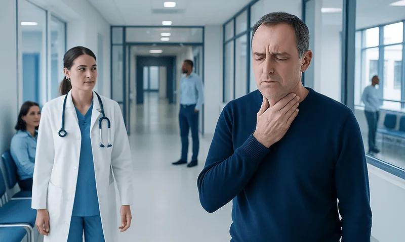 Man experiencing throat discomfort in a hospital corridor with medical staff nearby.