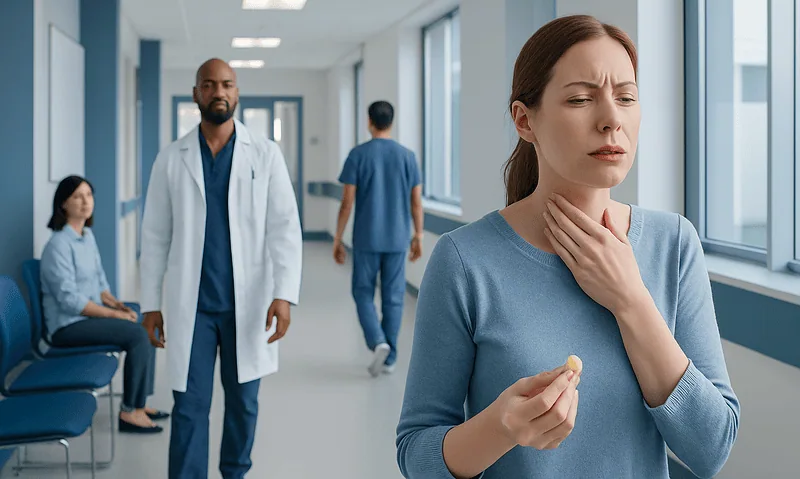 Woman with sore throat in hospital corridor, healthcare professionals nearby.