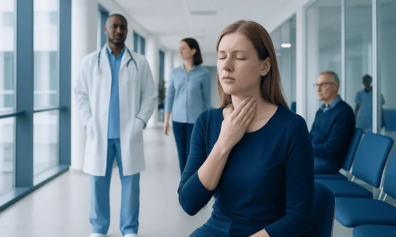 Young woman experiencing throat pain in a hospital corridor with medical staff nearby.