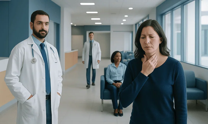 Patient experiencing throat discomfort in a hospital corridor with medical staff nearby.