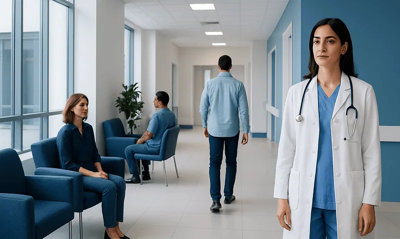 Healthcare professionals and patients in a modern hospital corridor.