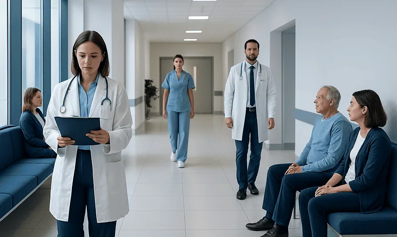 Medical team in hospital corridor with patients and staff.