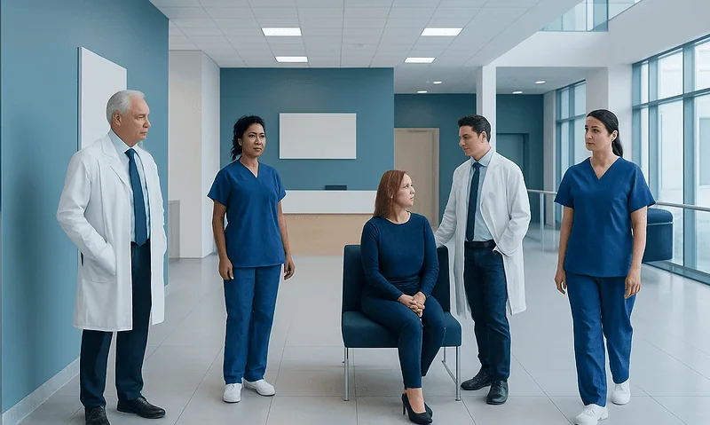 Medical team discussing patient care in hospital corridor.