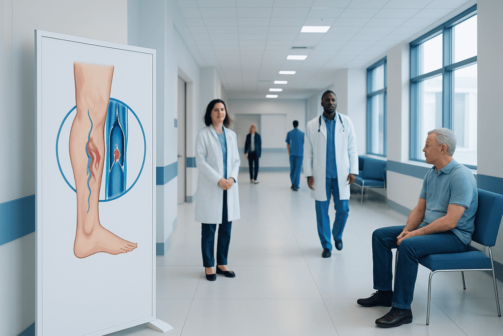 Thrombophlebitis: Diagnosis, Outlook, and Modern Treatment Approaches 1 Medical staff discussing thrombophlebitis diagnosis in hospital corridor.
