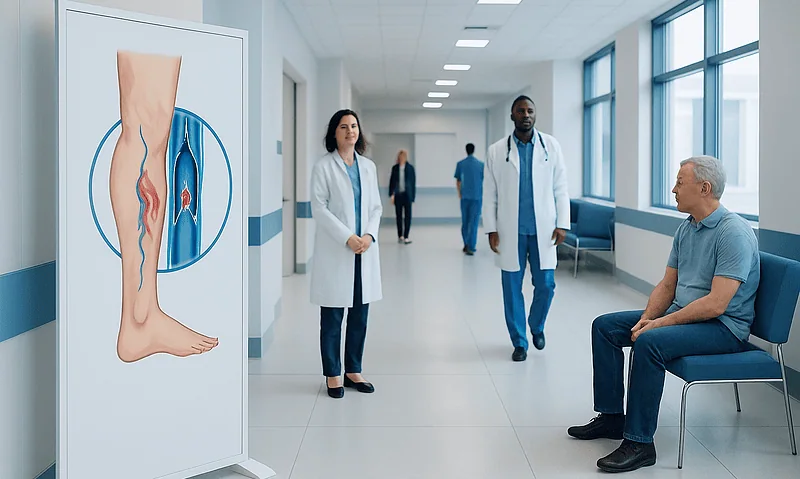 Thrombophlebitis: Diagnosis, Outlook, and Modern Treatment Approaches 2 Medical staff discussing thrombophlebitis diagnosis in hospital corridor.