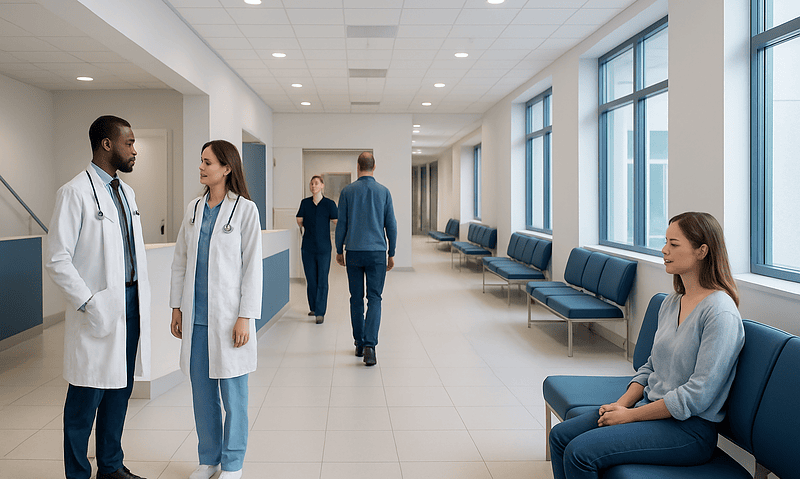 Modern hospital corridor with doctors and patients in a healthcare facility.