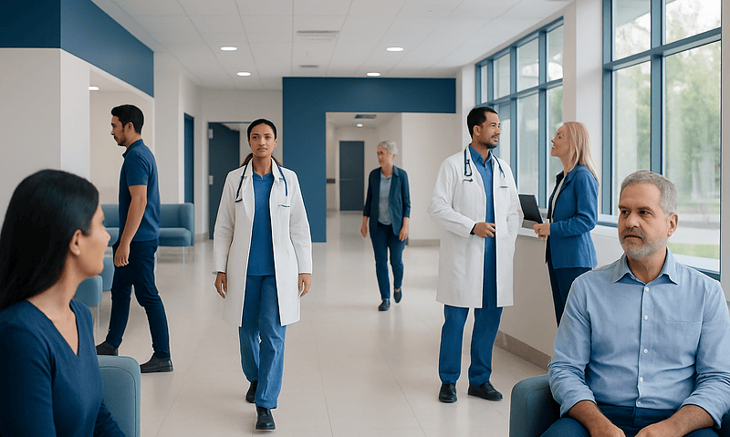 Medical team and patients in a modern hospital corridor.