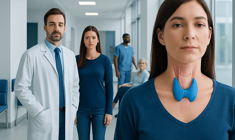 Medical team with a patient in a hospital corridor, focusing on thyroid health.