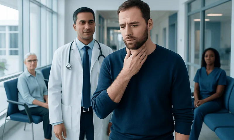 Man experiencing neck discomfort in a medical clinic with healthcare professionals nearby.
